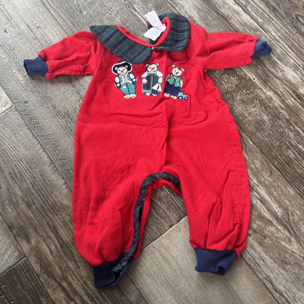 Vintage Romper Baby Boy 3 Months Christmas Plaid Red~Teddy Bears Collar‎